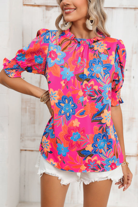 Rose Frill Neck Puff Sleeve Boho Floral Blouse